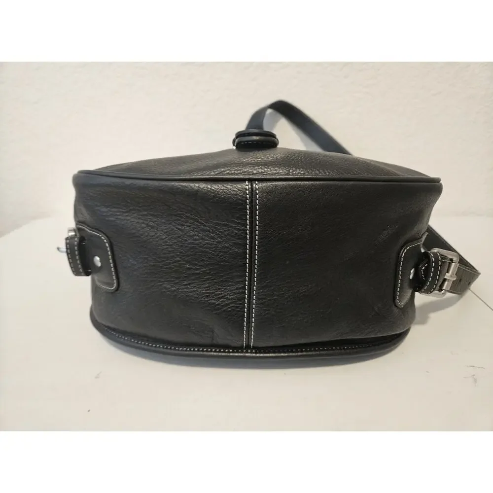 Levenger Black Leather Saddlebag Sling Backpack Bag Black EUC
